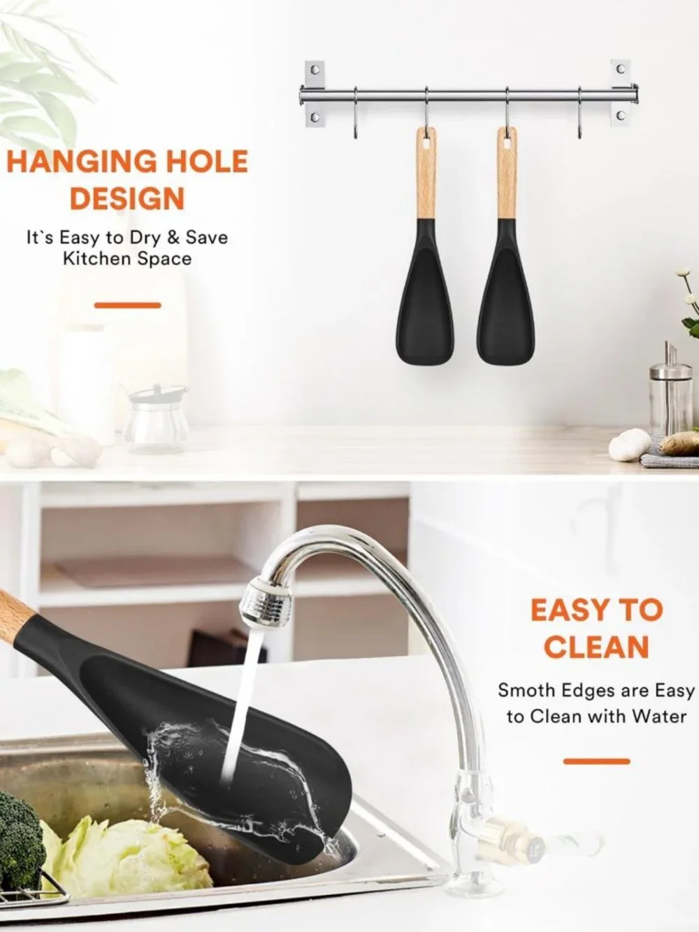 Nonstick Cooking Spoon Set - BPA-Free Silicone & Wood Handle, 11.4